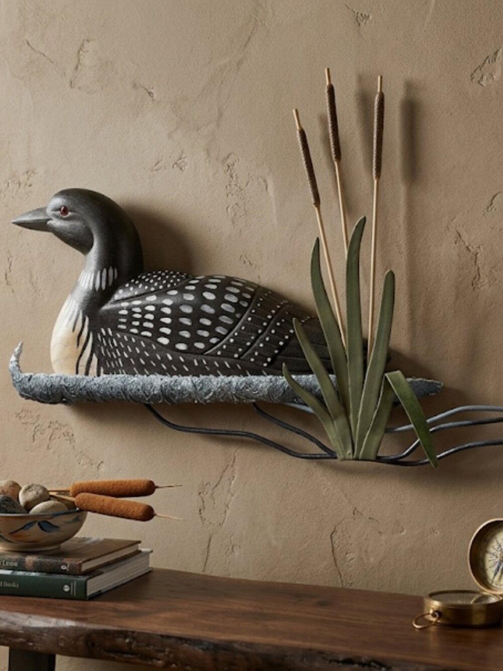 Vintage Loon Cattail Wall Decor Wood And Metal Mid Century-RARE UNIQUE!!